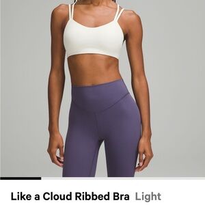 Lululemon Like a Cloud Ribbed Bra in Cream and Purple Leggings